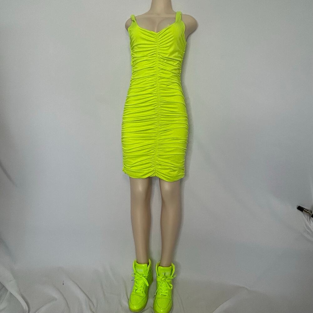 Above & Beyond Neon Yellow Ruched Bodycon Mini Dress W Size Large Club Party